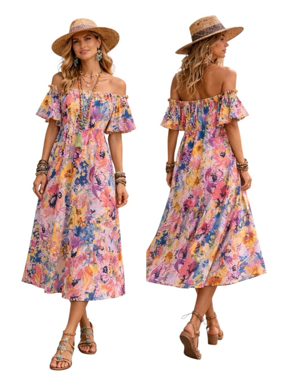 H & M Floral Off-Shoulder Midi Dress Women’s 8 Floral Beach Cruise Mumu